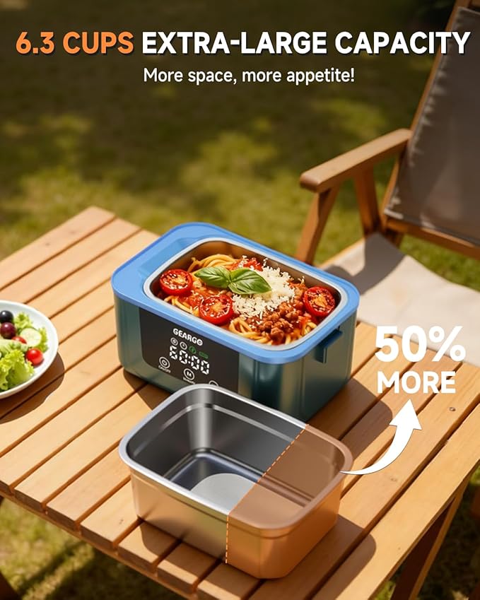 GEARGO 𝟐𝟎𝟐𝟔 𝐔𝐩𝐠𝐫𝐚𝐝𝐞𝐝 Cordless Electric Lunch Box, 6.3 Cups & 20000mAh Rechargeable Heated Lunch Box with Ice Crystal Box, 24 Hours Scheduled Self Heating Lunchbox For Men Women