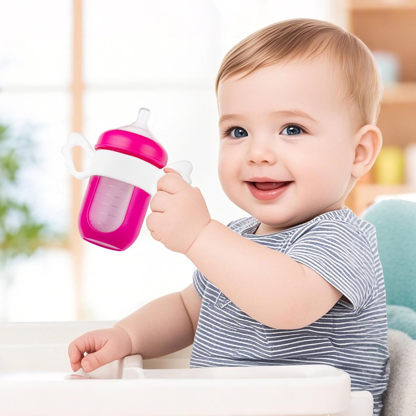 Ajrwiiy 3 Pack Baby Bottle Handles for Boon Nursh Reusable Silicone Pouch Baby Bottles, Silicone Bottle Holder for Easy Grip, Quick Install, Easy for Little Hands to Hold, Eay to Clean, White