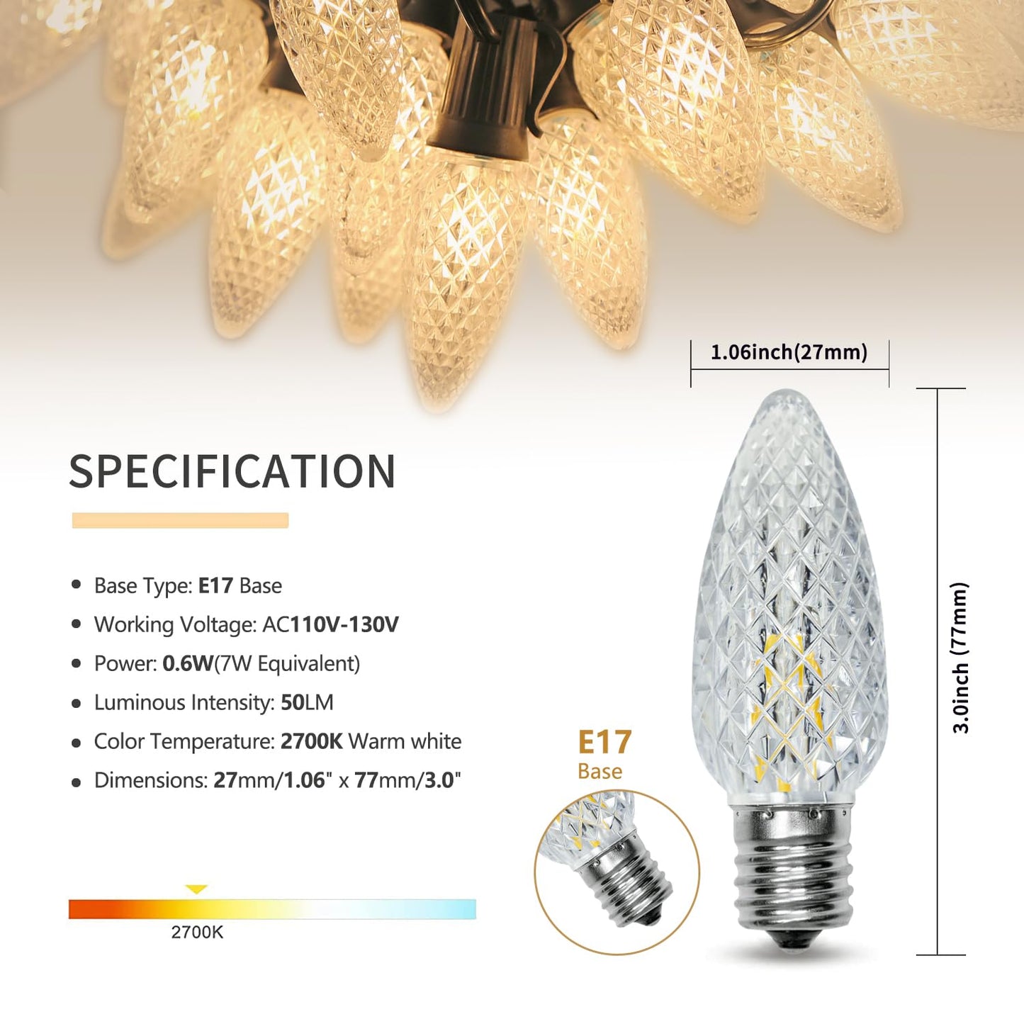 Austin Coast C9 Led Christmas Replacement Bulbs, Shatterproof, Waterproof, Warm White 2700K, 50 Pack, E17 Base, 0.6W