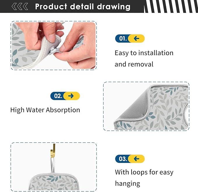 Gray and Blue Leaves Branches Faucet Water Catcher Mat 2 Pack Botanical Herbs Flowers Drying Mat Absorbent Bathroom Faucet Handle Drip Catcher Tray Bar RV Kitchen Sink Splash Guard 30x5 Inches