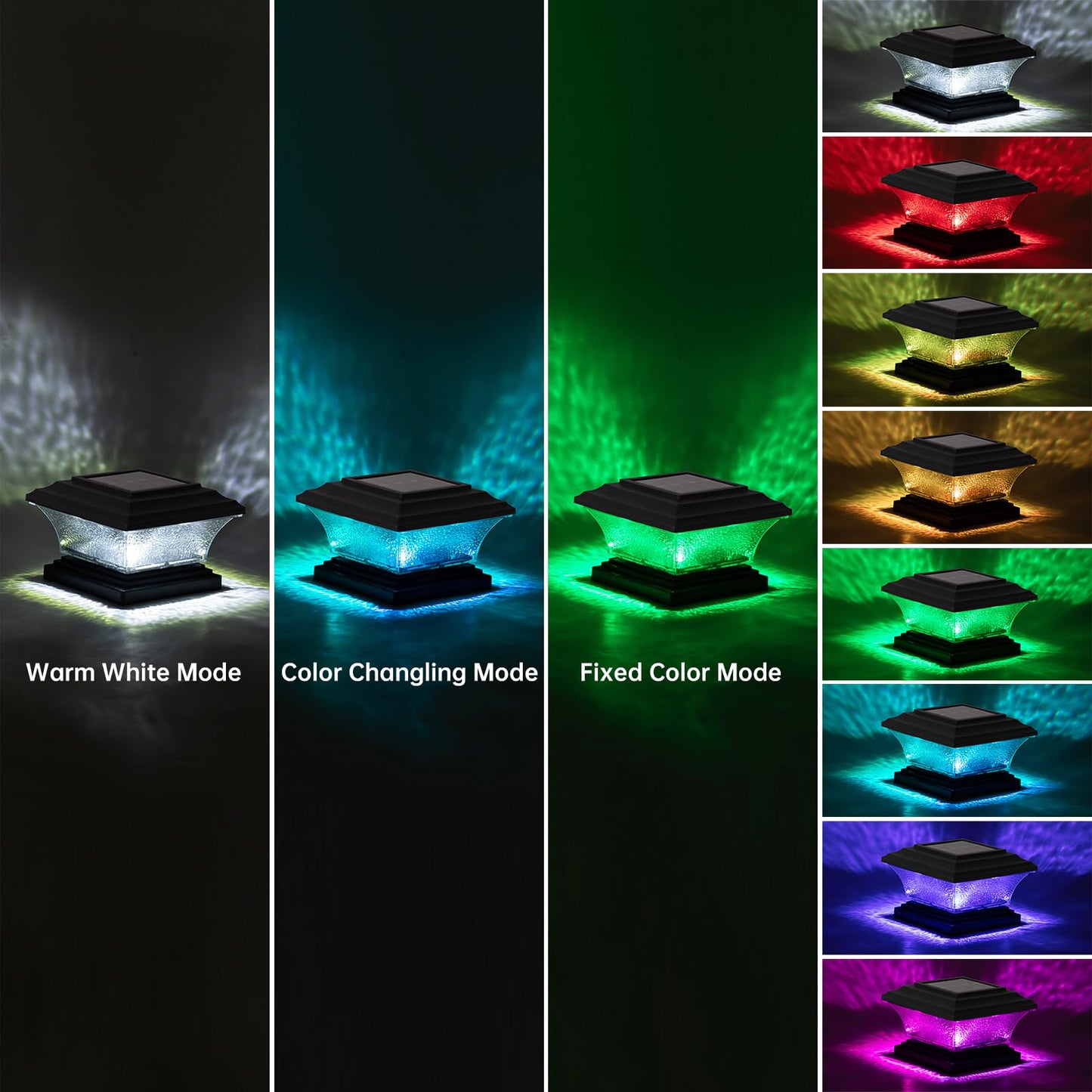 HUYIENO Solar Post Cap Lights - LED Deck Fence Light with 9 Modes, 2pk, Black, for 4x4 & 5x5 Wooden Posts, Model HY1238