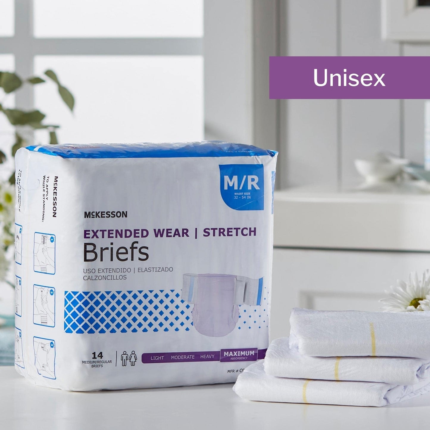 McKesson Extended Wear Stretch Briefs, [56 Count], M/R, 32-54 in. Incontinence Adult Diapers, Maximum Absorbency, Unisex, Disposable, Elastic Leg Gathers and Contoured Fit for Men and Women