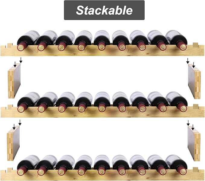 Finnhomy Wine Rack 27-Bottle 3-Tier Natural Bamboo Display Wine Storage Shelves Stackable Wine Bottle Holder