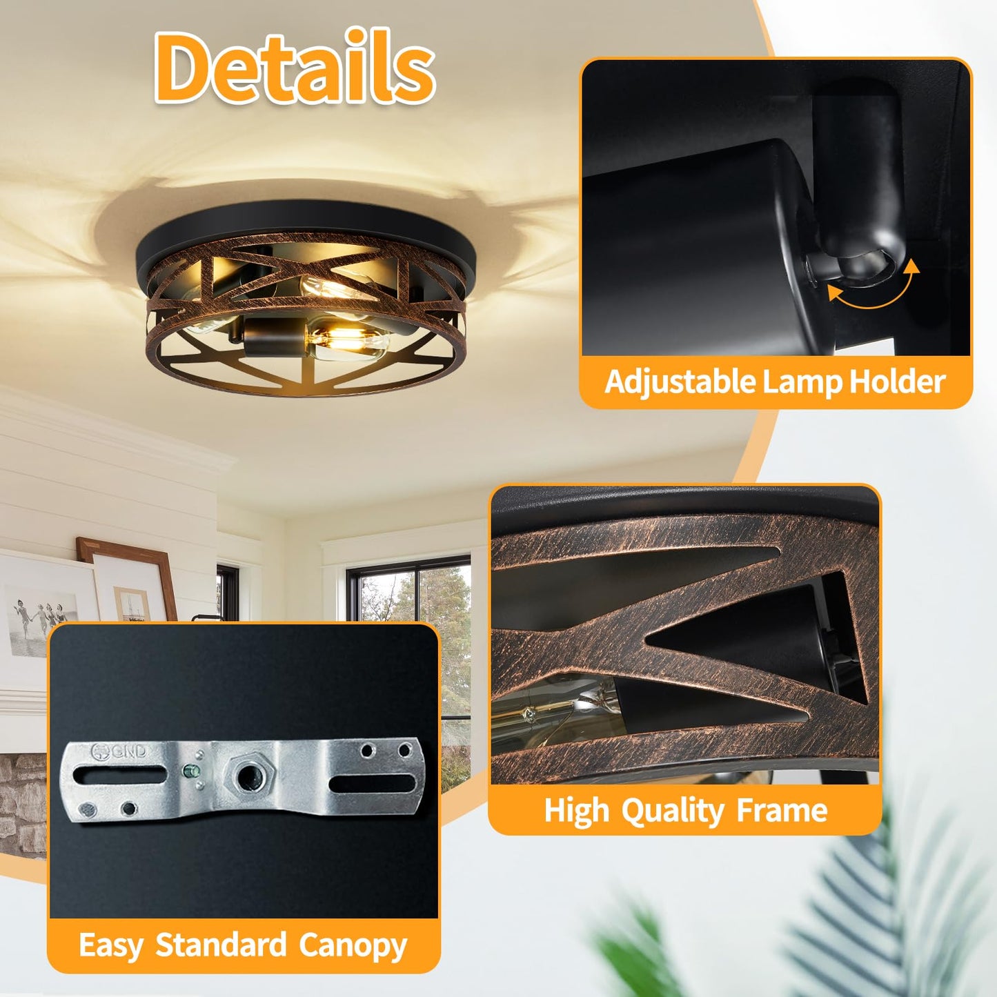 ZHU YAN Farmhouse Ceiling Light Fixture, 3-Light Flush Mount, Rustic Metal, 13in, Black, Model D0908