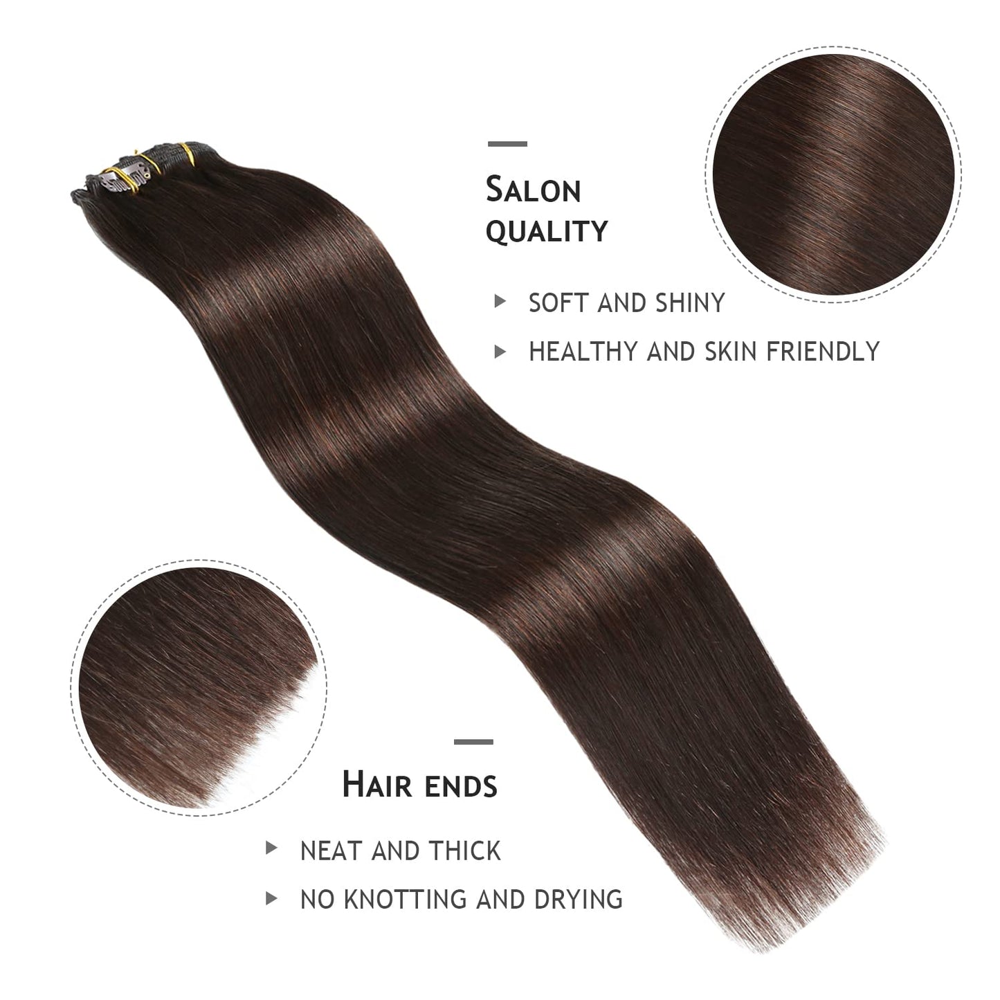 Yilite Clip in 18 Inch 120g 8pcs Real Human Hair Natural Silky Double Weft Hair Extensions (18inch #2 Dark Brown)