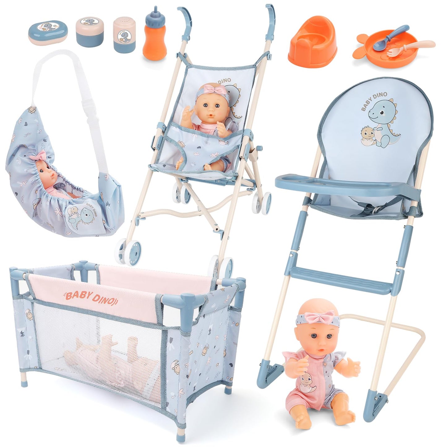 deAO Baby Doll Stroller Set 12" Baby Doll with Accessories Crib Bed High Chair, Nursery Role Play Set Toys Storage Bag,Foldable Storller, Pretend Play Birthday Gifts for Toddler Girls Boys