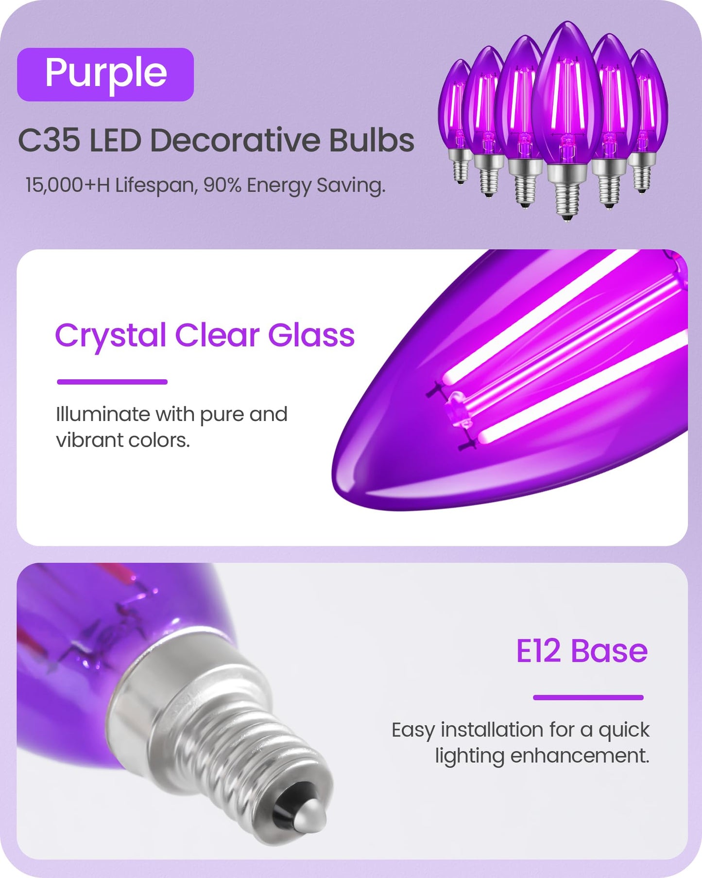 Goebleson Purple E12 Led Light Bulbs  C35 5W (60W Equivalent) Glass Dimmable Chandelier Bulbs  Decorative Lighting For Christmas  Halloween  Party  Holiday Decoration  6 Pack P2C3P605
