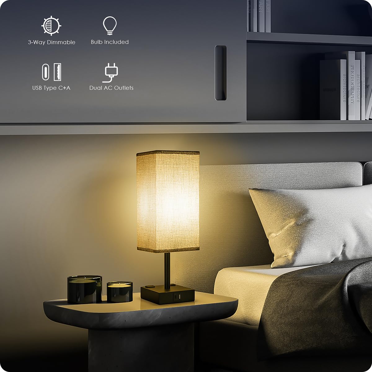 Soilsiu Bedside Lamp - Touch Control Table Lamp With Usb C+A Ports, 3-Way Dimmable, 4.3 Width, Gray, Led Bulb Included, Model