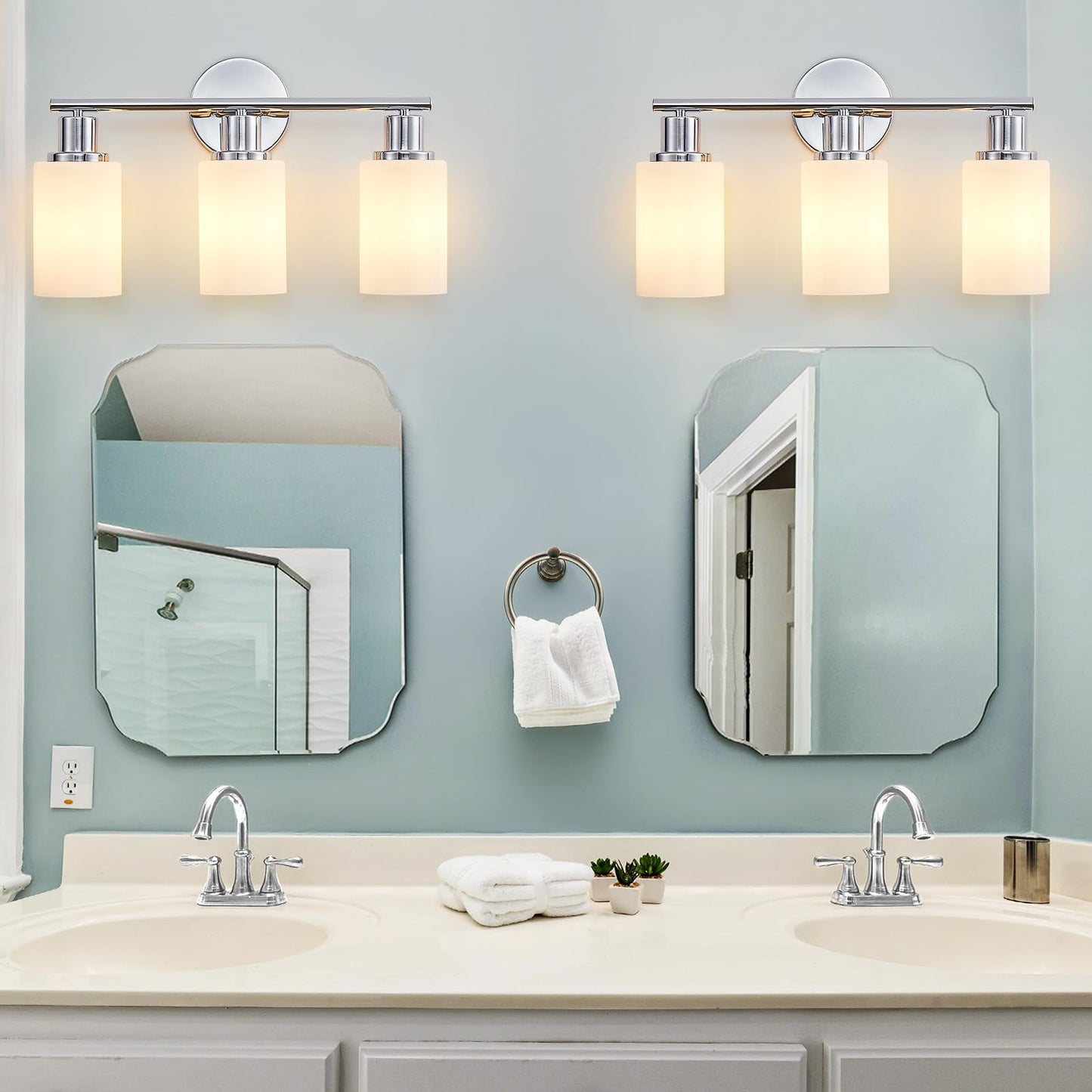 DINGLILIGHTING 3-Light Bathroom Light Fixtures Chrome Modern Vanity Lights Milky White Glass Shade