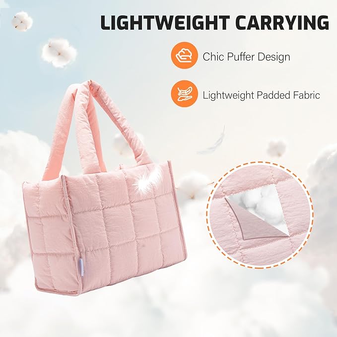 NOL Natural Organic Lifestyle Women's Nylon Lunch Cooler Quilted Tote Bag Puffy Insulated Lunch Bag for Women, Lightweight Waterproof Lunch Box for Work, Picnic, Outdoors,Pink