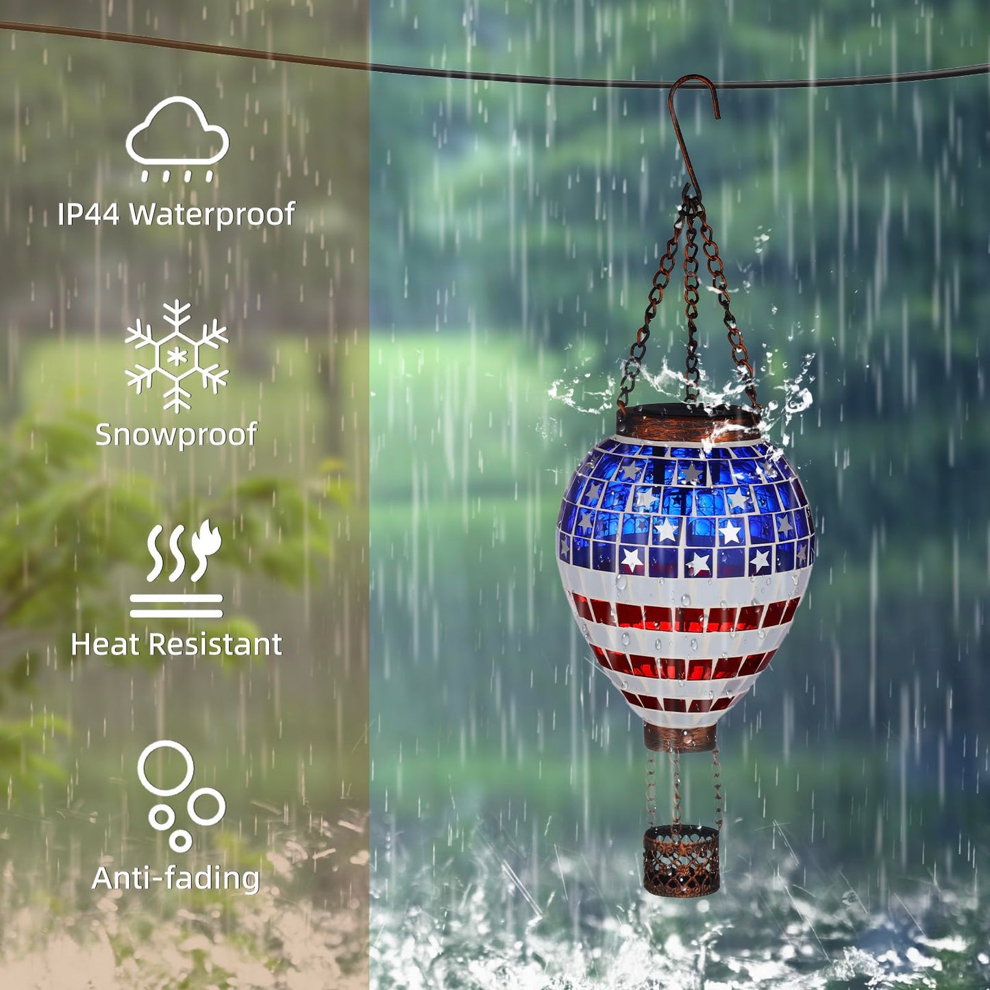 Voreen American Flag Hot Air Balloon Solar Lantern  Handmade Mosaic Outdoor Hanging Wind Light  Ip44 Waterproof  Patio Decorations  Gift For Mom Wife Friend  Patriotic Theme  4Th Of July Decor