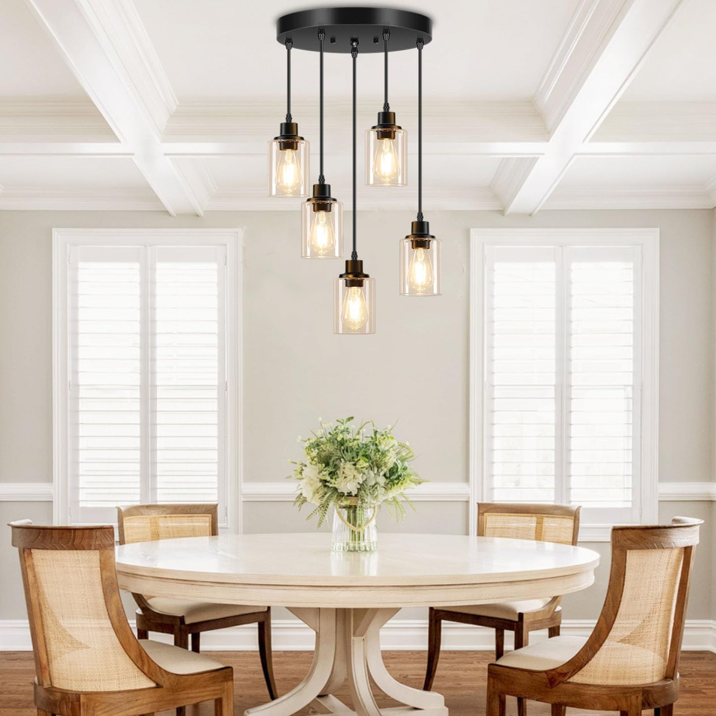 Licperron 5-Light Pendant Light Fixtures With Clear Glass Shades  Black Adjustable Kitchen Island Hanging Ceiling Light Fixtures  Modern Pendant Lighting E26 Base For Dining Room  Hallway  Living Room