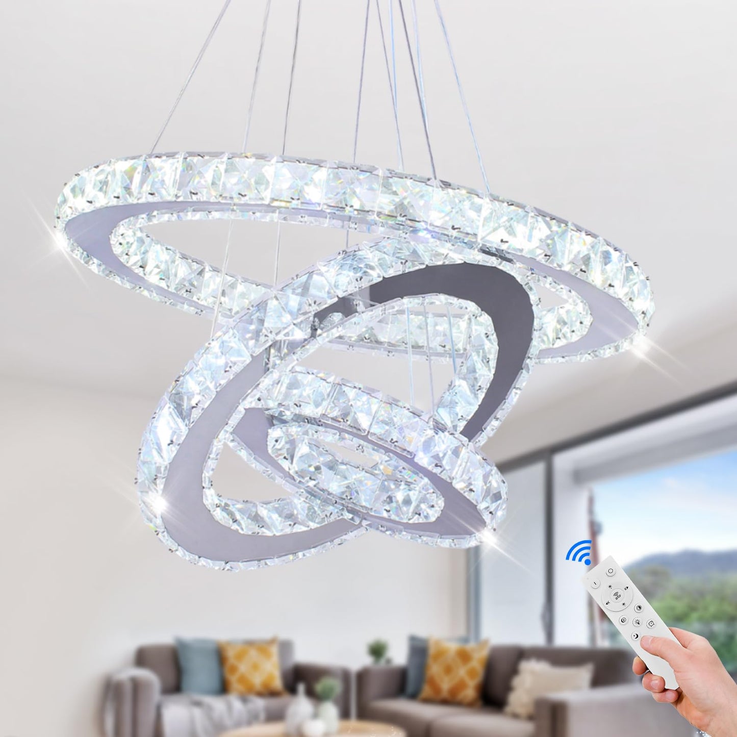 Cainjiazh LED Crystal Chandelier, Dimmable 3-Ring Pendant Light, Adjustable Stainless Steel Fixture for Bedrooms & Living Rooms, Model US-234ROUND-Dimm