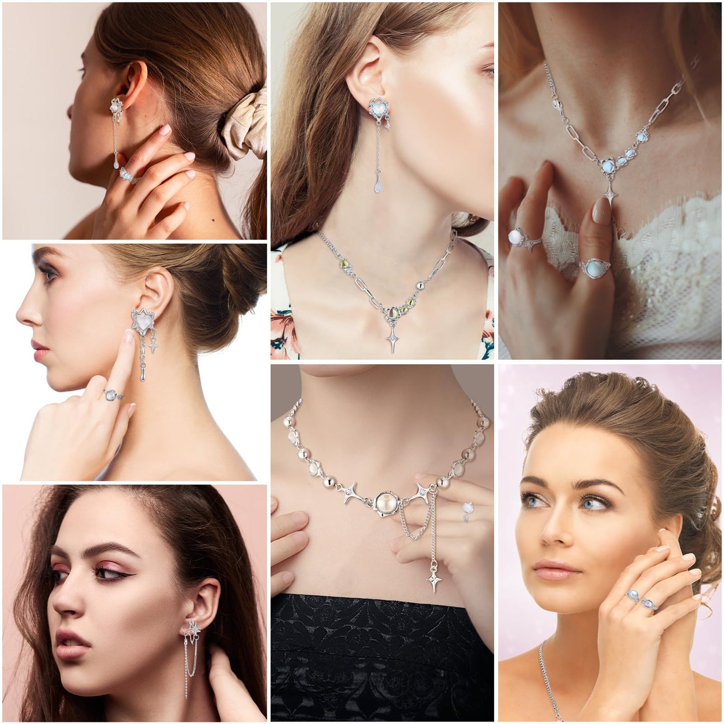 Tondiamo 12 Pcs Y2k Necklace Jewelry Set Y2k Star Moonstone Accessories Irregular Pendant Earrings Dangling Silver Rings Aesthetic Crystal Jewelry Gifts Indie Punk Rings Adjustable for Women