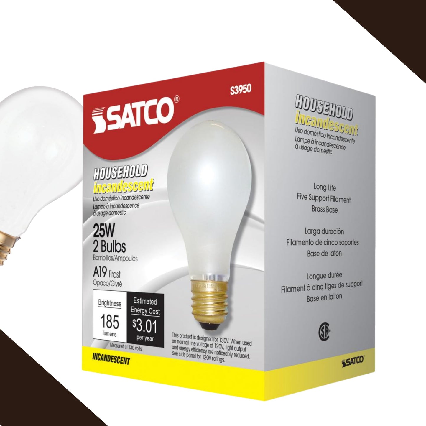 Satco S3950 A19 Incandescent Bulb, 25W, 130V, Frosted Finish, 180 Lumens, Medium E26 Base, Dimmable, 2700K Warm White, 2,500 Hour Lifespan (12 Bulbs)