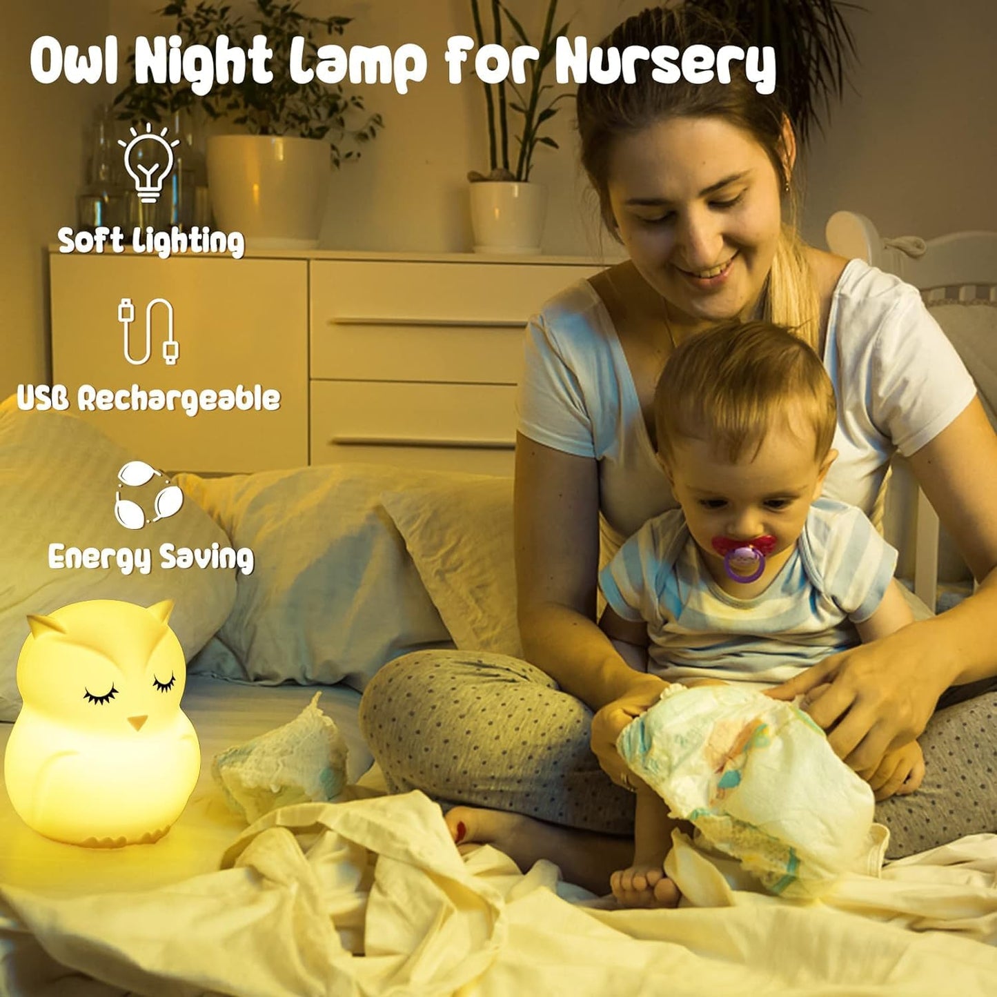 Led Night Light For Kids Cute Sleepy Owl Bedside Lamps - Convenient For Reading & Soothe Baby To Sleep Training Nursery Lights Up Toddler Bed Room Dimming & Timer &Rechargeable Decor Gifts For Women