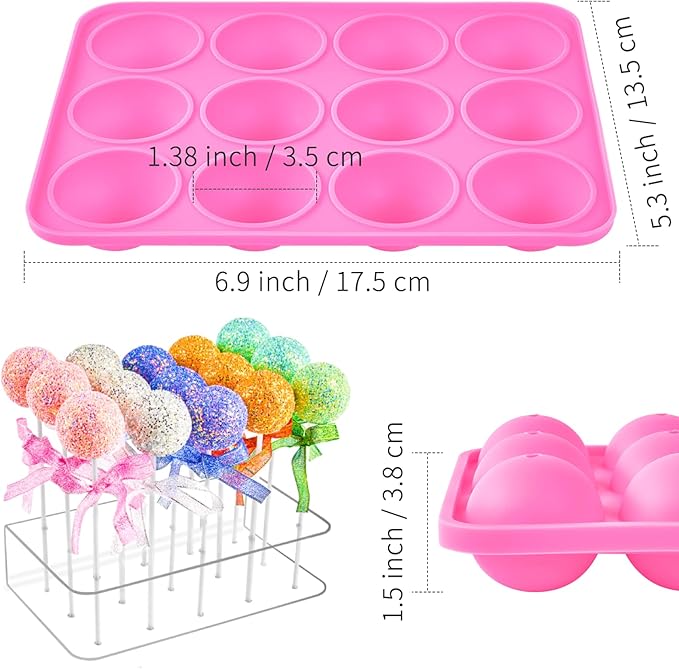 Kucoele Cake Pop Mold Set, Including 15 Hole Clear Acrylic Lollipop Display Stand Holder, 12 Cavity Pink Silicone Cake Pop Mold, Cake Pop Sticks Treats Bags and Twist Ties