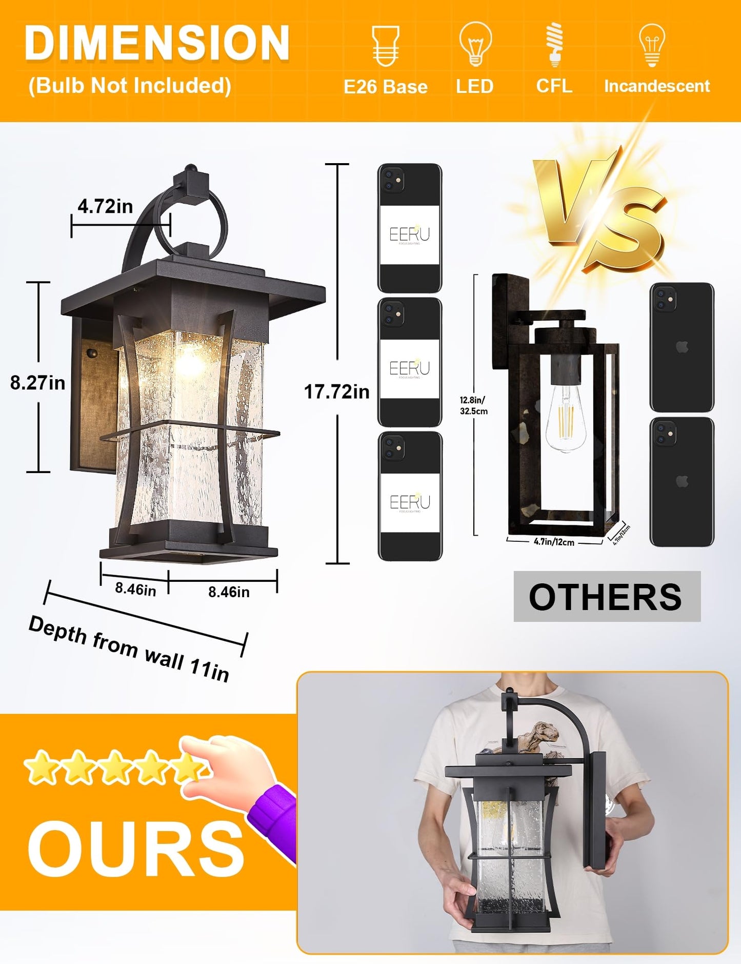 EERU Outdoor Wall Sconce, 18in H, Black, Large Size, Waterproof, Metal, Clear Seeded Glass, Ideal for Villa Porch and Garage