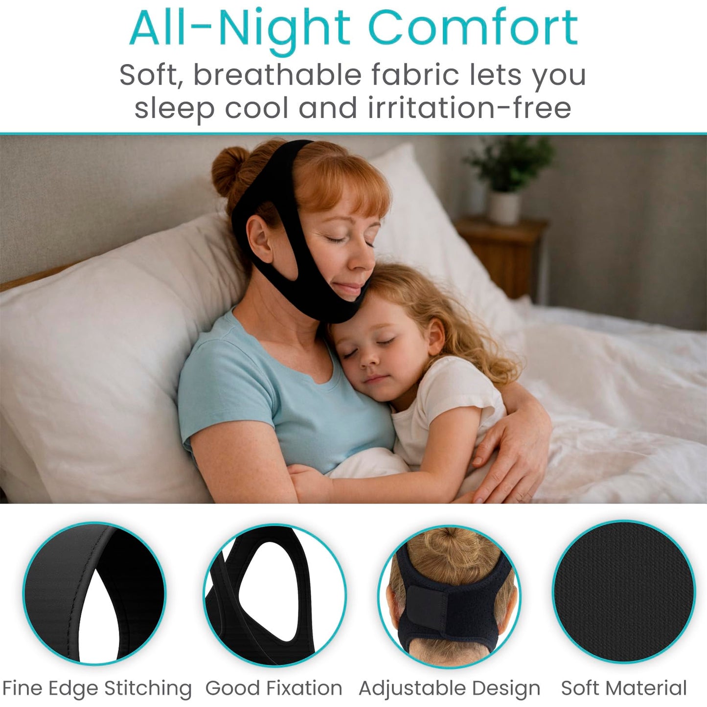Vive Anti Snore Chin Strap for Sleeping - Stop Snoring Solution for CPAP Users - Airflow Head Band Device for Sleep Apnea Relief - Breathe Right, Mouth Breathing Prevention Accesories (Black)