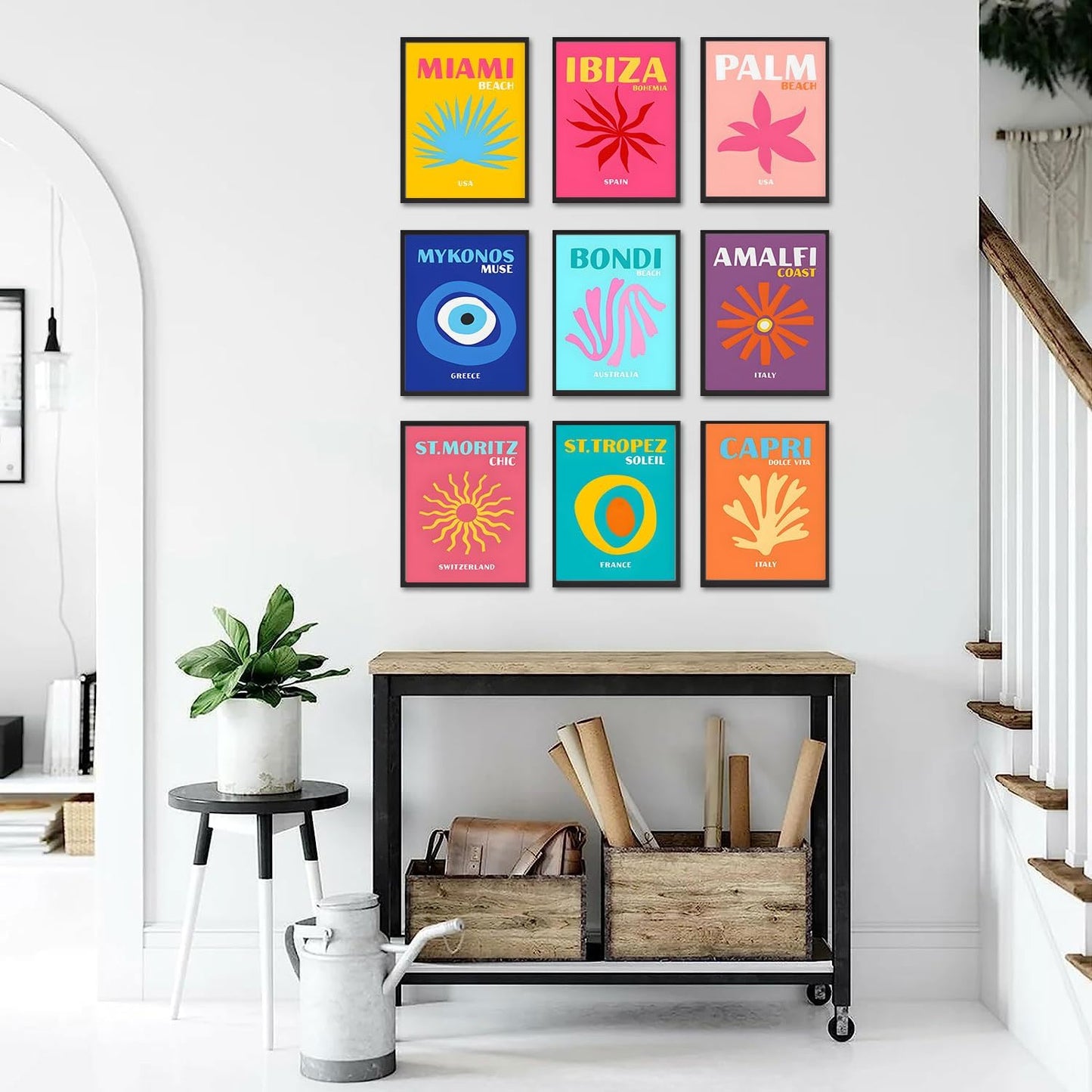 9Pcs Preppy Travel Wall Art Prints Colorful Abstract Aesthetic Room Decor Pictures Trendy Canvas Posters for Teen Girls Bedroom Apartment College Dorm Decoration, Unframed