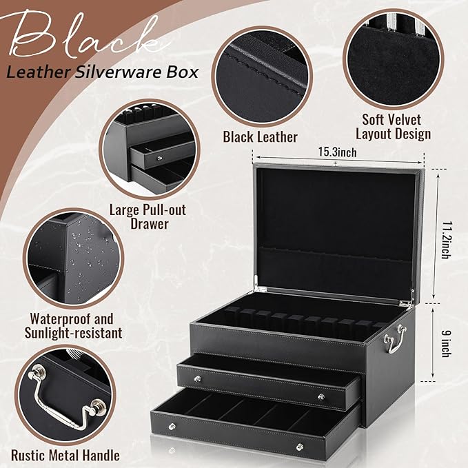 Leather Silverware Storage Box Flatware Storage Case with Felt Lined Leather Flatware Chest Silverware Organizer with Lid for Tableware Utensils Silver(3 Layer)