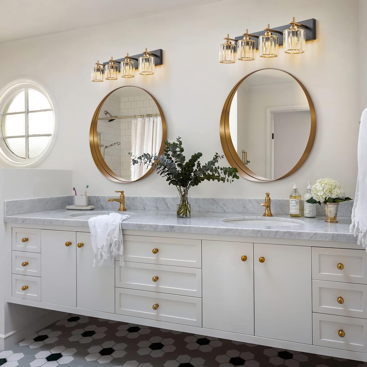 Huoku 4-Light Bathroom Vanity Light, Black Gold Crystal Wall Fixture, Modern Design, Polished Gold Finish