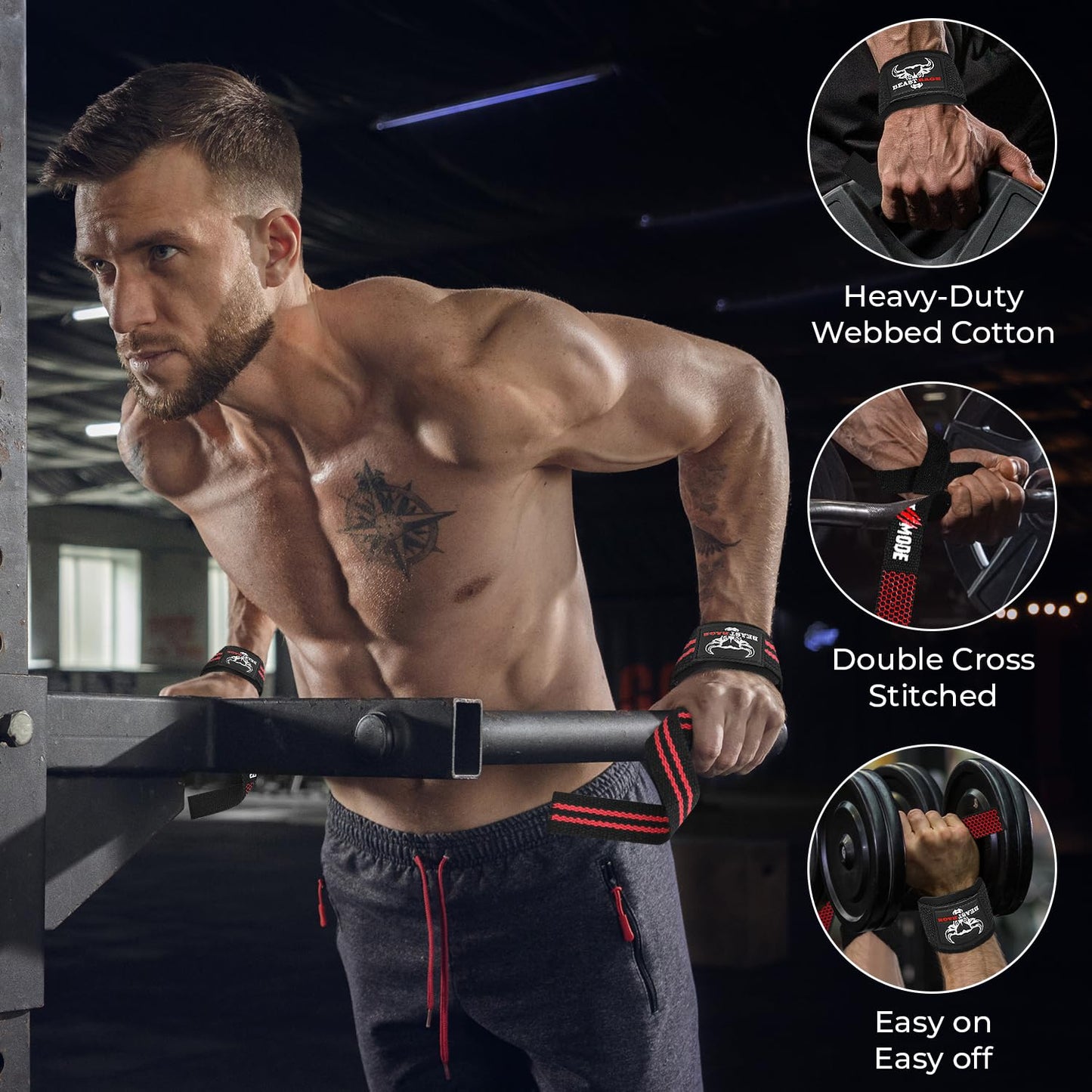 BEAST RAGE Lifting Wrist Straps for Weightlifting, Straps Gym Grip Power Workouts Lifting Straps Padded Cotton Men Women Wrap Lift, Deadlift Bodybuilding Weight Lifting Exercise Straps (Black/Red)