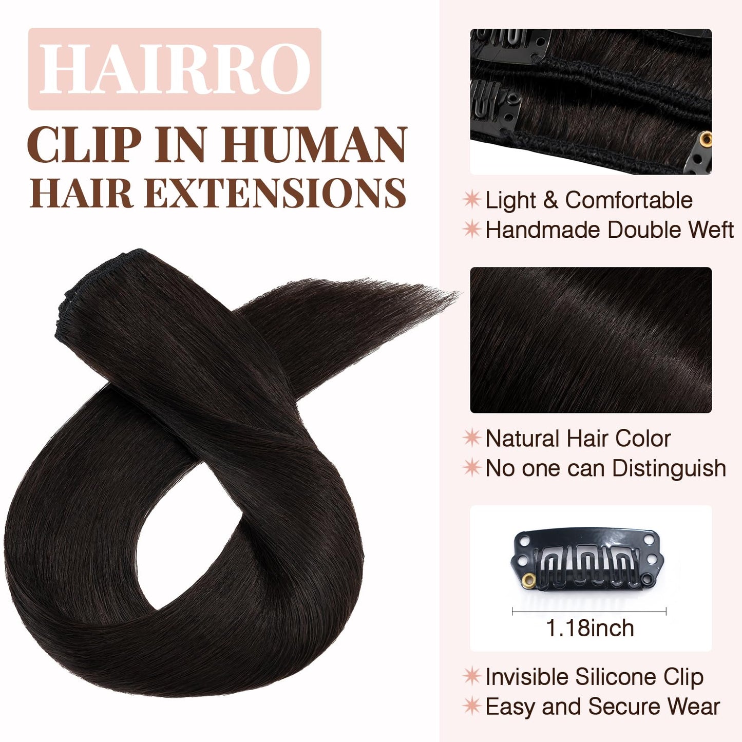Hairro 100% Real Human Hair Clip in Hair Extensions 12 Inch Short #1B Natural Black 55g Thin 8 Piecs 18 Clips Straight Clip on H