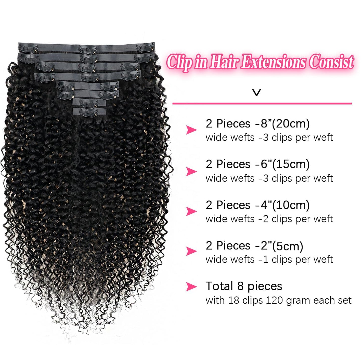 18 Inches Seamless Kinky Curly Clip in Hair Extensions Real Human Hair #1B Natural Color Brazilian Virgin 3c 4a Curly Clip ins H
