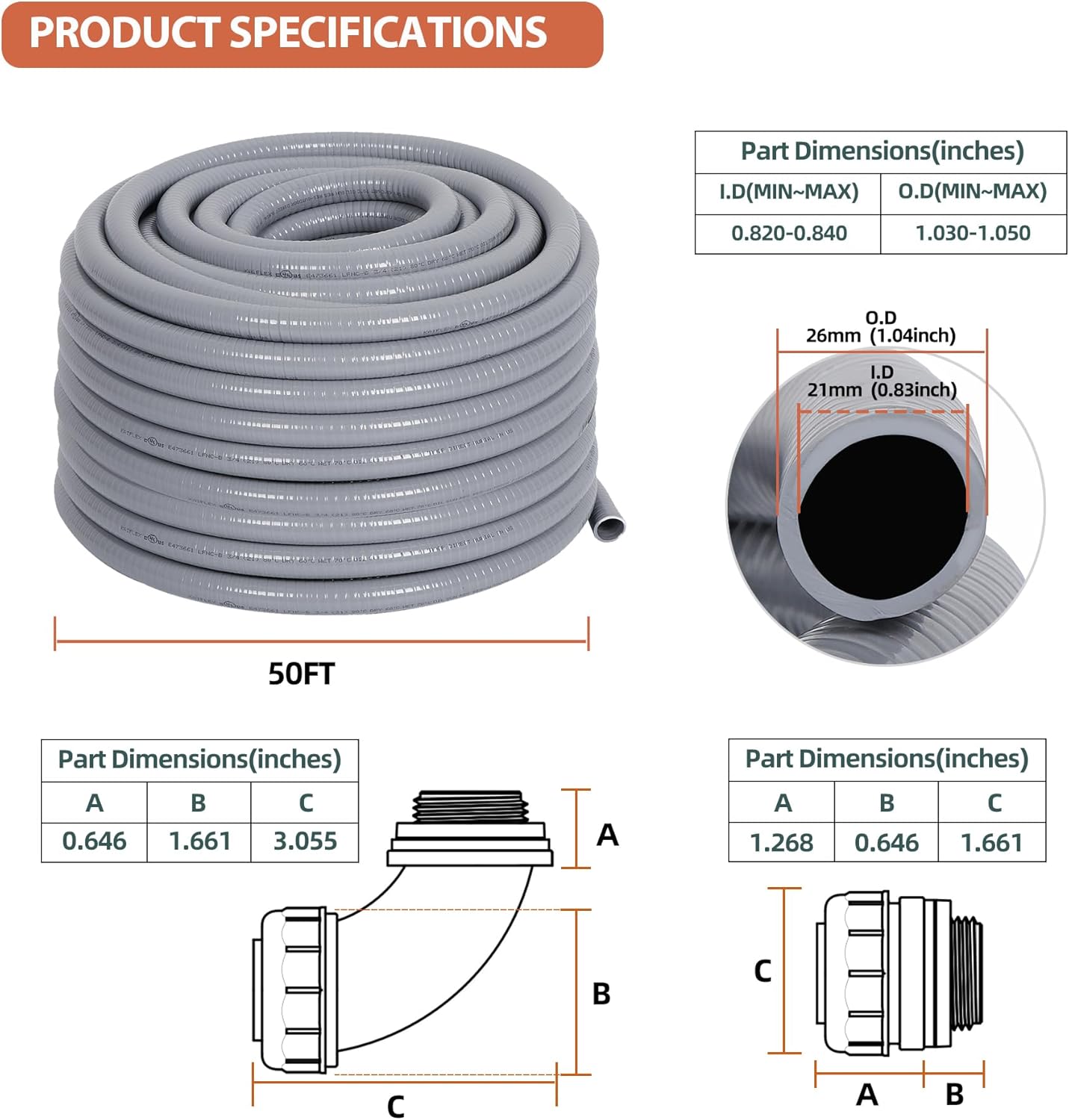 Liquid-Tight Conduit 3/4 50ft, Electrical Conduit w/UL Certification, Flexible Conduit with 5 Straight and 5 90-Degree Conduit Connector Fittings