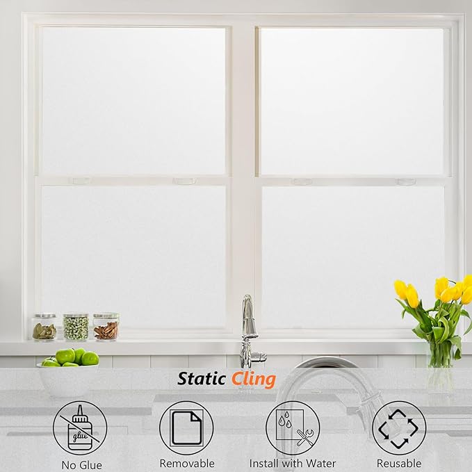 Kromapolis Window Privacy Film Frosted Glass Window Film, Heat Blocking Privacy Film for Glass Windows, Static Cling Non-Adhesive Frosting Window Stickers for Door Home (Frosted, 29.5 x 78.7 inch)