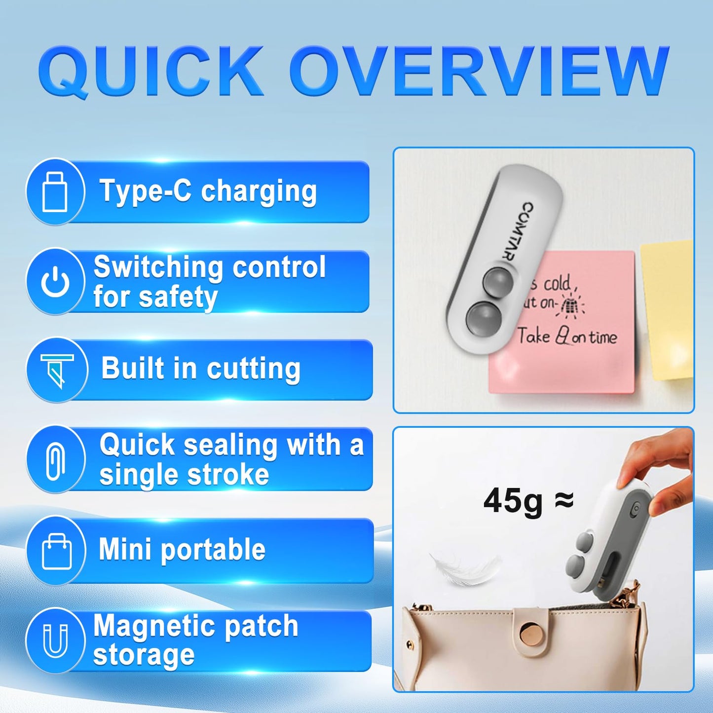 2in1 Rechargeable Chip Bag Sealer with Cutter, Portable USB C Heat Sealer Resealer Machine for Chip, Plastic Bags Heat Seal Tool for Snacks (White)