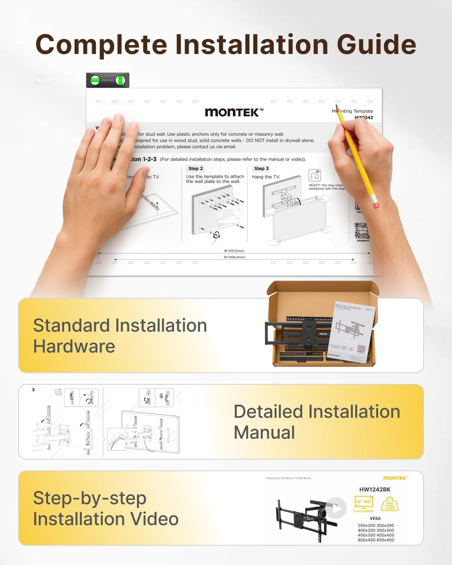monTEK Full Motion TV Wall Mount for 43"–95" TVs, Pre-Assembled & up to150lbs, Heavy Duty TV Mount Bracket with Tool-Free Tilt/Swivel/Extension, Max VESA 800x400, Fits 16"/18" Studs