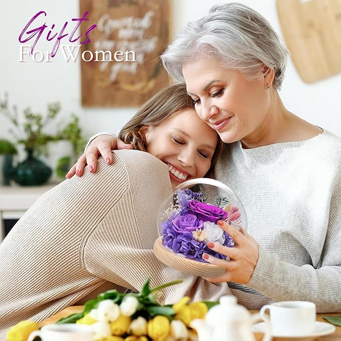 FIACO Gifts for Mom Women Birthday Preserved Flowers in Glass Dome Forever Fresh Flowers for Delivery Eternal Roses Gifts for Grandma Sister Daughter Wife