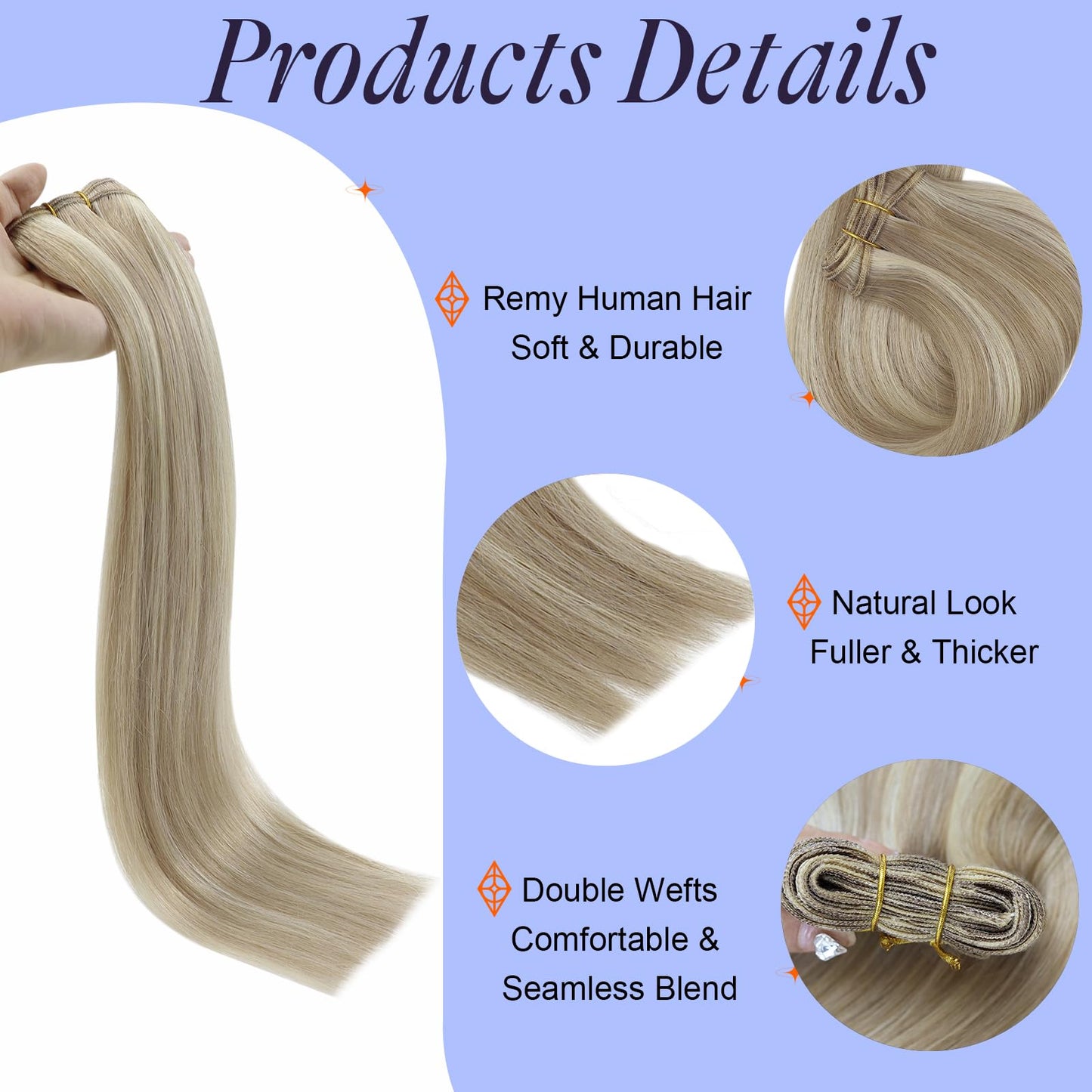 Full Shine Sew In Extensions Real Human Hair Weft Seamless Hair Extensions 14 Inch Color #18P613 Ash Blonde Highlight Bleach Blo
