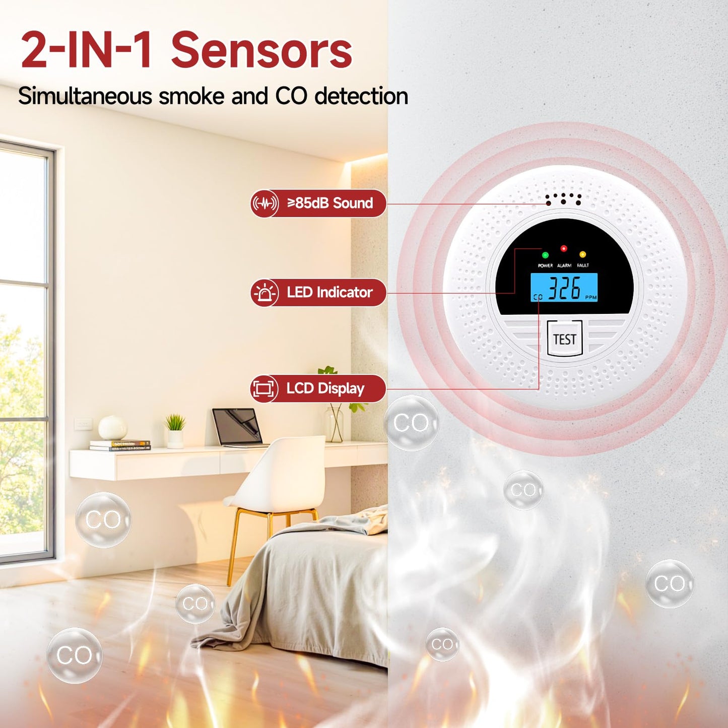 3-Pack Interconnected Smoke Detectors and Carbon Monoxide Alarm with Test & Silence Button, Battery Powered, Smoke and CO Detector for Any Room, Peace of Mind