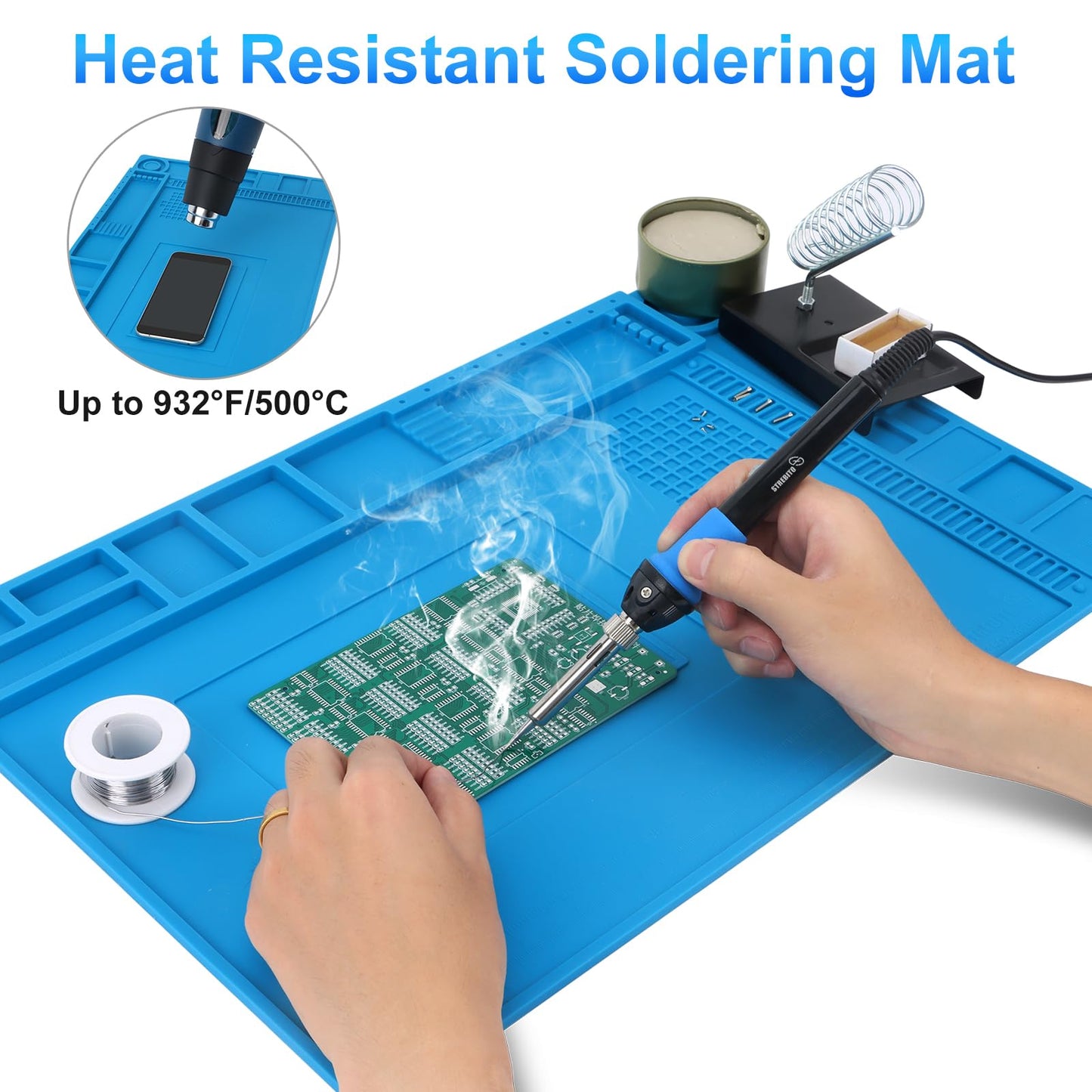 STREBITO Silicone Soldering Mat Electronics Mat, Solder Pad Heat Resistant 932°F, Magnetic Work Mat Silicone Repair Mat for Soldering, Computer, Laptop, Cell Phone, RC, Watch, Gun, Size 17.7" x 11.8"