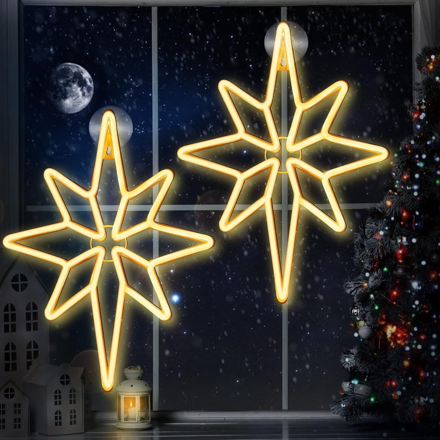 Enhon 2 Pack 16 Inch Bethlehem Star Window  Christmas Star  Nativity Lighted Outdoor  Usb Powered Or Battery Operated Bethlehem Christmas Neon Light For Window Bedroom Indoor Decor (Warm White)