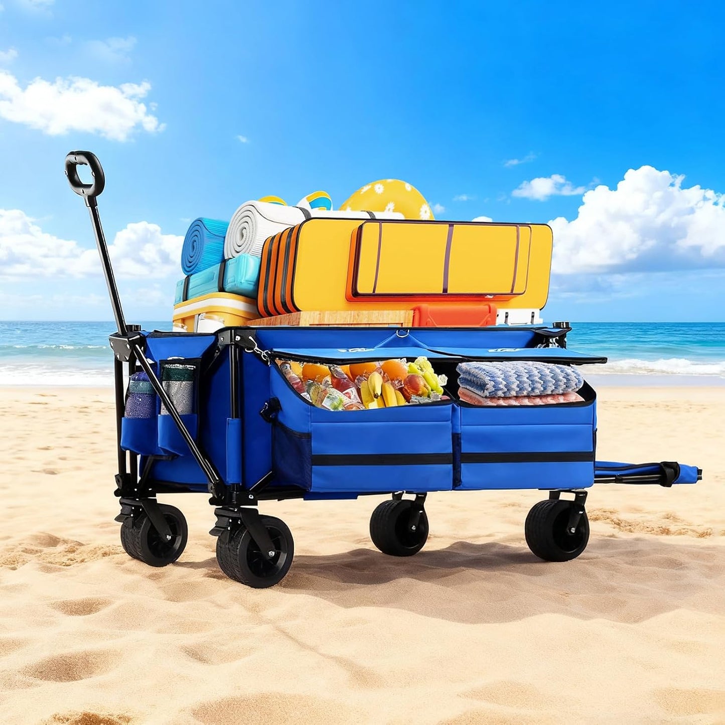 Beach Wagon with Big Wheels for Sand,260L Expandable Storage,Heavy Duty Foldable Beach Cart with 460lbs Capacity,Collapsible Utility Wagon with All-Terrain Wheels for Camping,Sports(Blue)