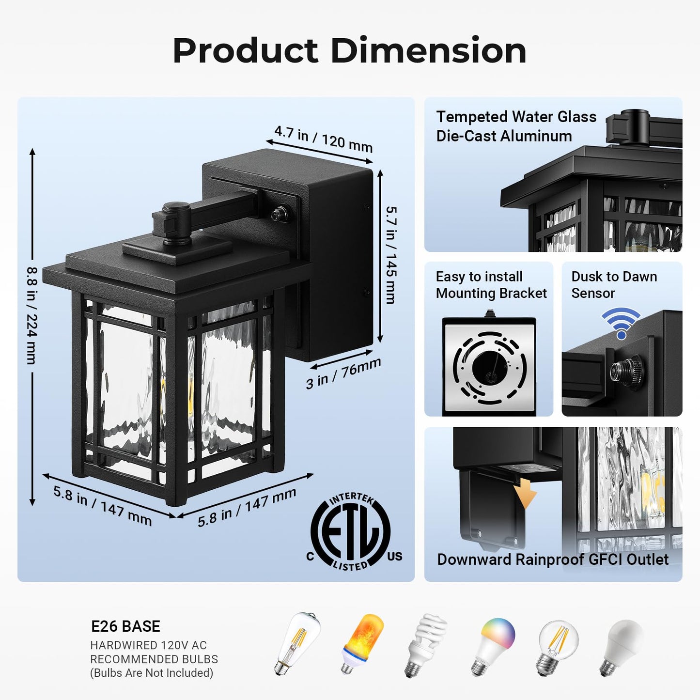 Opaxis 2-Pack Porch Light With Gfci Outlet  Black Dusk To Dawn Outdoor Lantern Wall Mount  Modern Outdoor Sconces Wall Lighting With Glass Shade  Waterproof Outdoor Light Fixtures For House  Garage