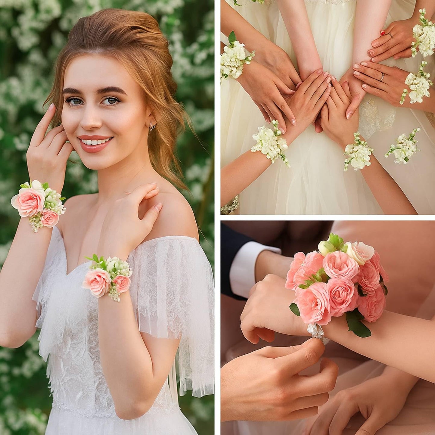 Hotop 4 Pcs Corsage Wrist Bracelet Bands Bride Pearl Rhinestone Bracelet Elastic Wrist Corsage DIY Wedding Wristband Faux Pearl
