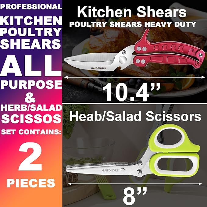 Heavy Duty Poultry Shears 2pcs Set, Kitchen Shears for Food, All Purpose, Chicken, Meat, Herb Salad Scissors for Chicken Turkey, Dishwasher Safe