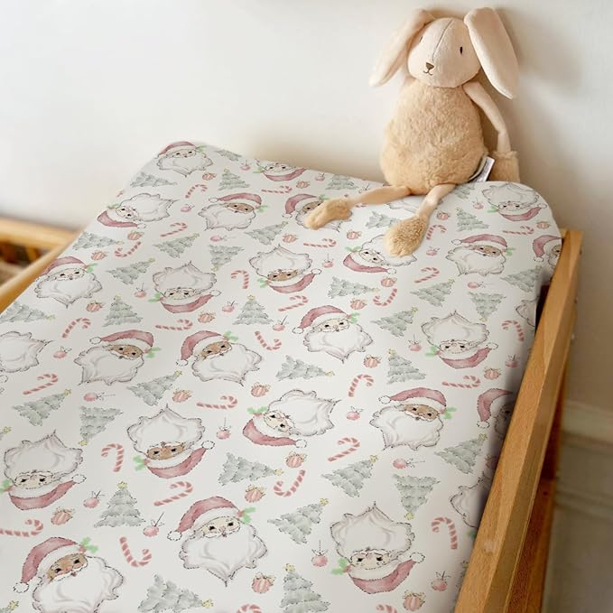 Pastel Santa Christmas Trees Baby Changing Pad Covers for Boys Girls Pink Santa Claus Candy Fitted Changing Table Cover Mats Winter Holiday Festive Soft Diaper Change Table Cover Sheets 32''×16''