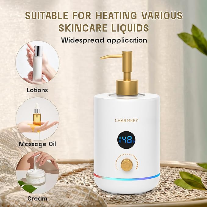 CHARMKEY Massage Oil Warmer White, 2 Oil Bottle Dispensers & 2 Silicone Funnels, Digital Heater for SPA, Oil Lotion Cream for Salon, Barber Shops, Home