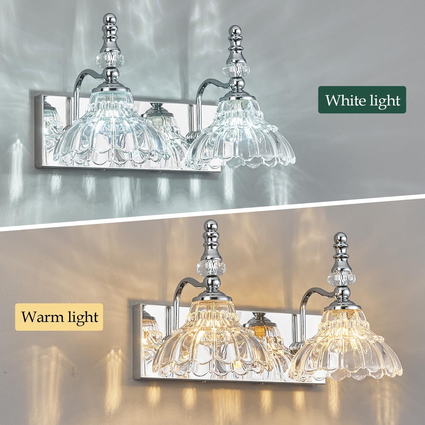 Lbsqj Vintage Bathroom Vanity Light  2-Light Chrome Vanity Lighting Fixture With Flower Glass Shade  Bathroom Lighting Fixtures Over Mirror