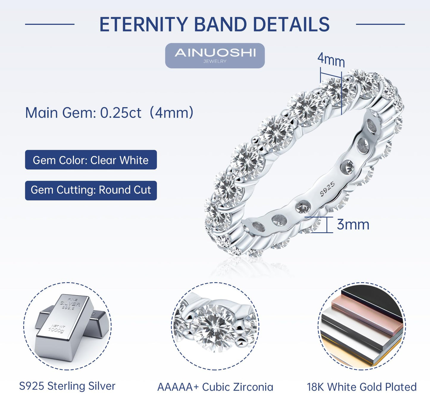 AINUOSHI 925 Sterling Silver Eternity Ring 4mm Round/Cushion Cut Cubic Zirconia Jewellery CZ Fashion Eternity Engagement Wedding
