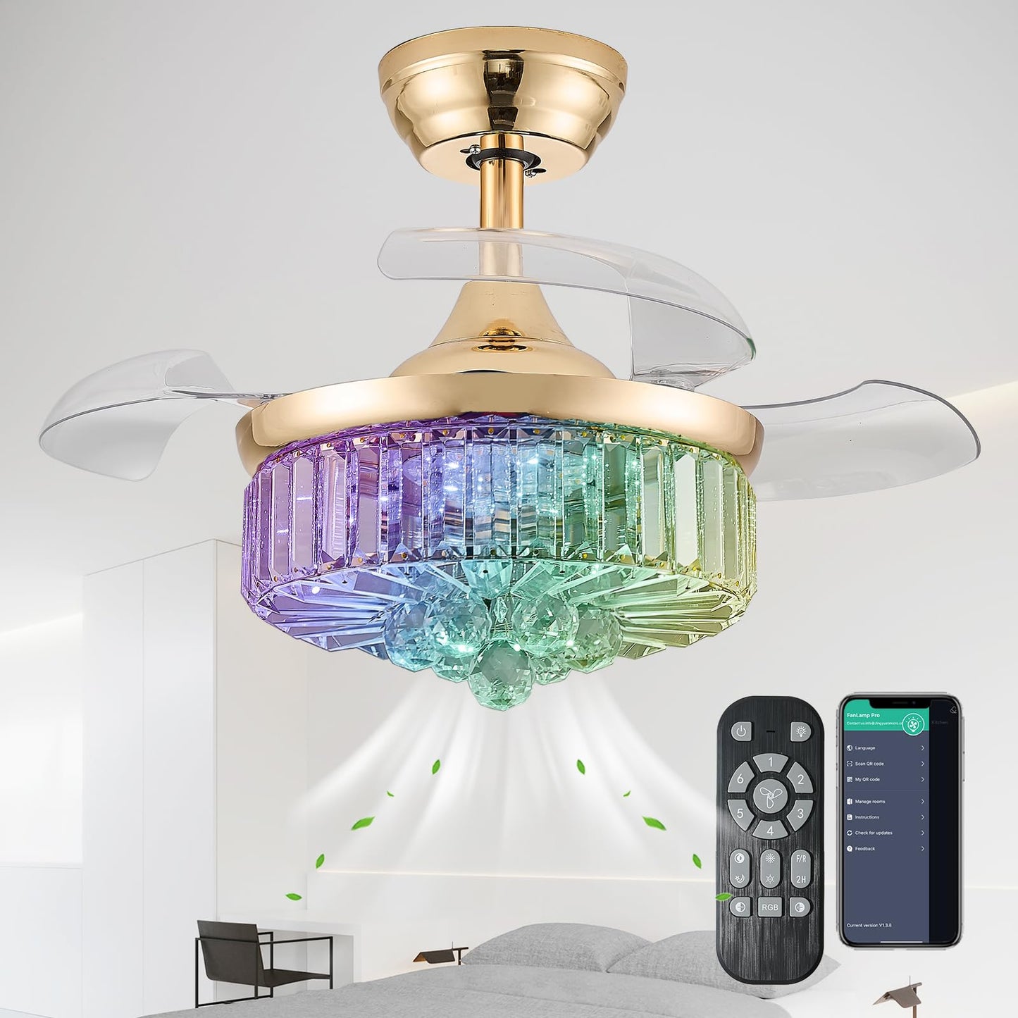 Zynfandor 30 Retractable Crystal Ceiling Fan With Light, Rgb Modern Fandelier 6 Speeds Reversible Blades Dimmable Chandelier Cei
