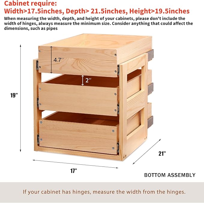 Pull Out Drawers For Cabinets, 17''W×21''D×19''H Soft Close Slide Out Wood Shelves Storage Organizer for Kitchen, 3-Tier, Finished, Heavy-Duty, Bottom Assembly
