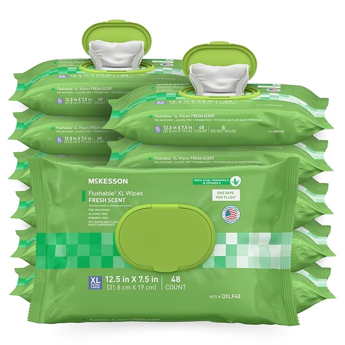 McKesson Flushable* Adult Wet Wipes XL – 576 Wipes (12 Pack of 48) – Aloe & Vitamin E, Plant-Based Cleansing Wipes, Scented, Extra Large
