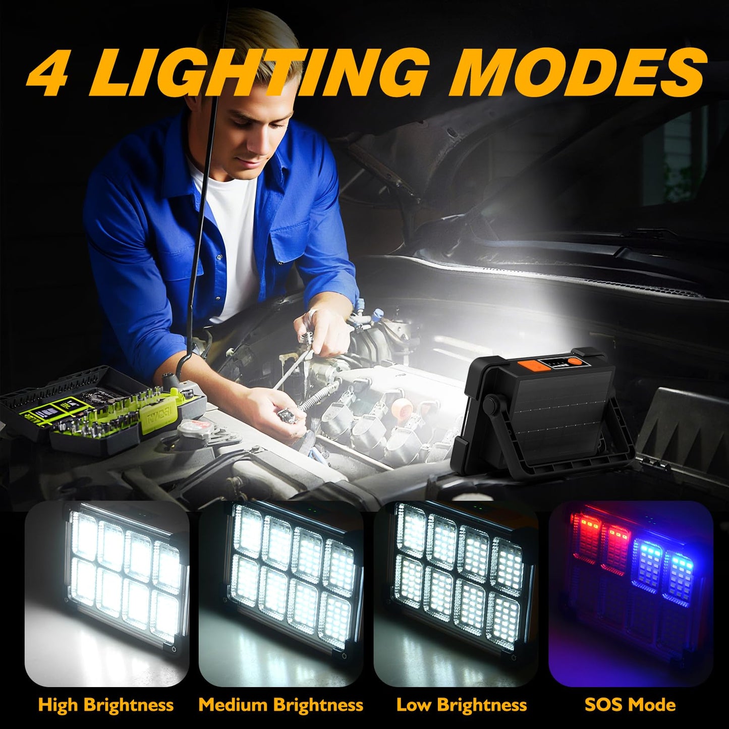 DANCINGBOAR 120W Solar Work Light, 144 LED 10000LM, 4 Modes, IP66 Waterproof, Portable Flood Light, Black, Model U8CUP